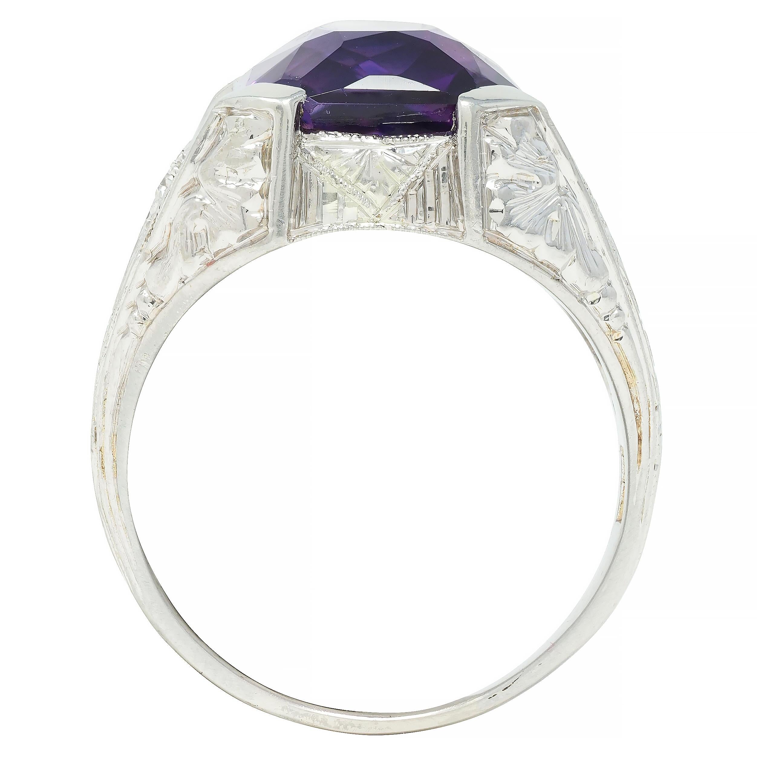 Jones & Woodland CO. Art Deco Amethyst 18 Karat White Gold Antique Foliate Ring