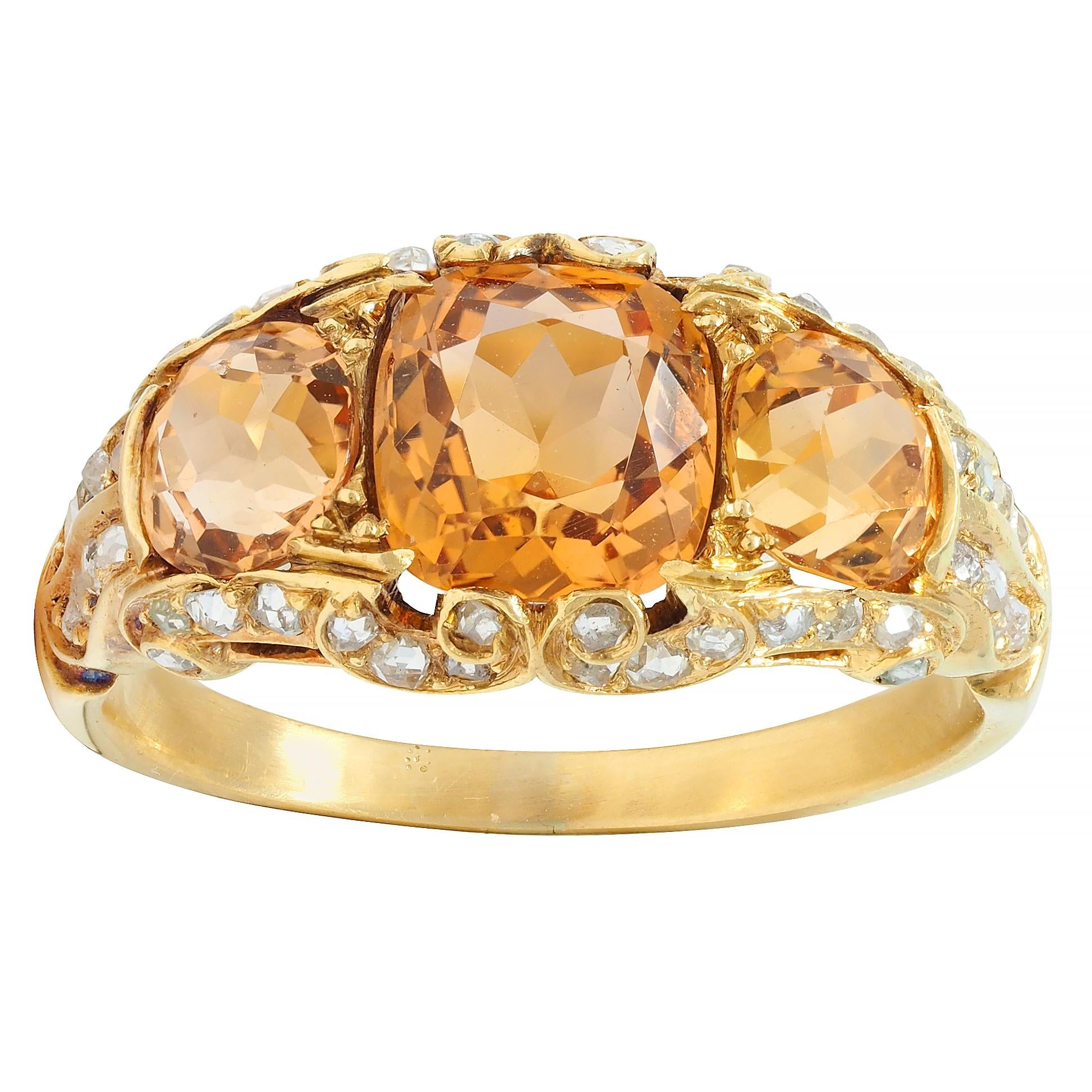 Victorian 4.00 CTW Topaz Diamond 18 Karat Gold Scroll Antique Three Stone Ring