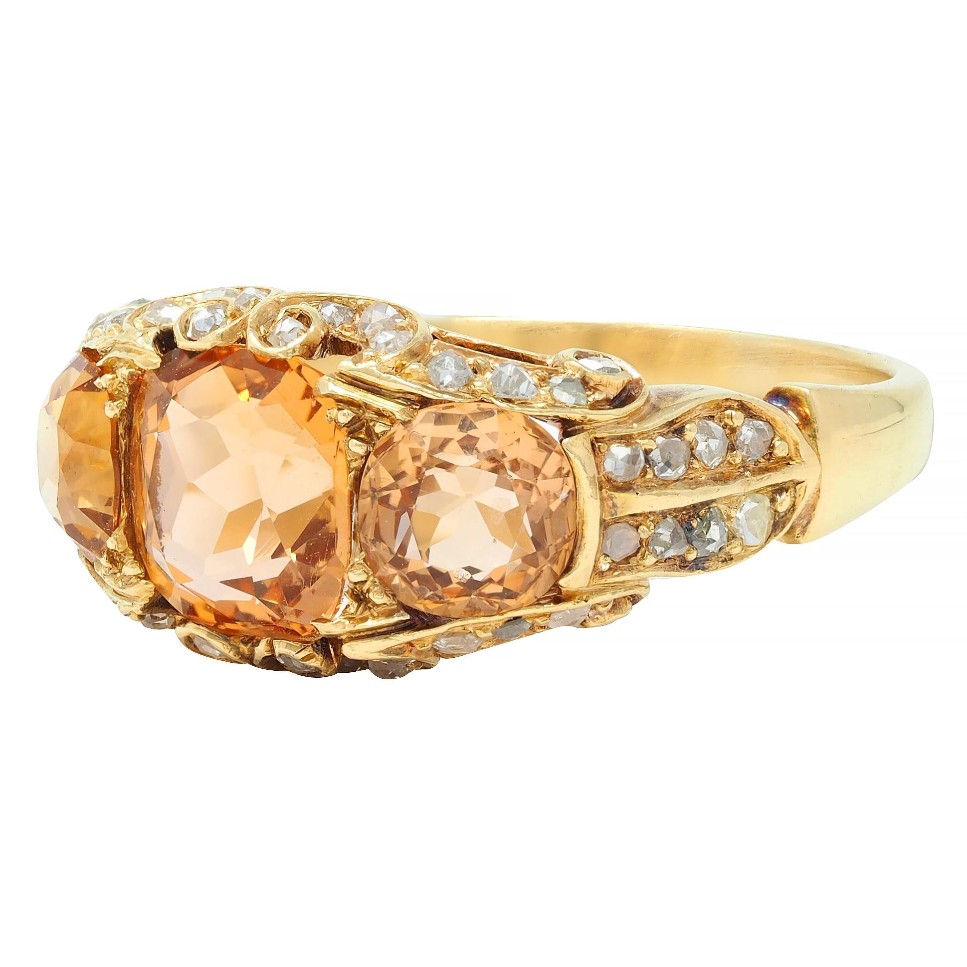 Victorian 4.00 CTW Topaz Diamond 18 Karat Gold Scroll Antique Three Stone Ring