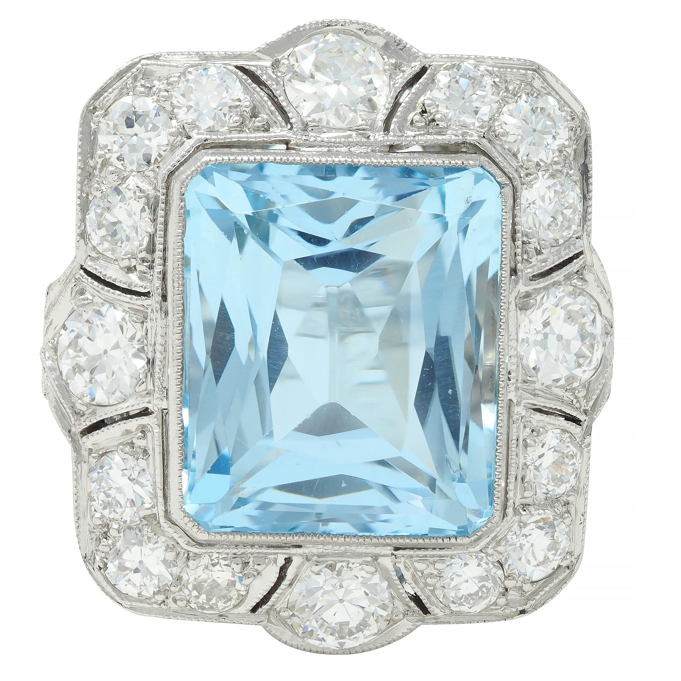 Art Deco 8.48 CTW Aquamarine Diamond Platinum Vintage Cocktail Ring