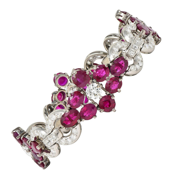 Mid-Century 27.62 CTW Ruby Diamond Platinum Cluster Vintage Line Bracelet