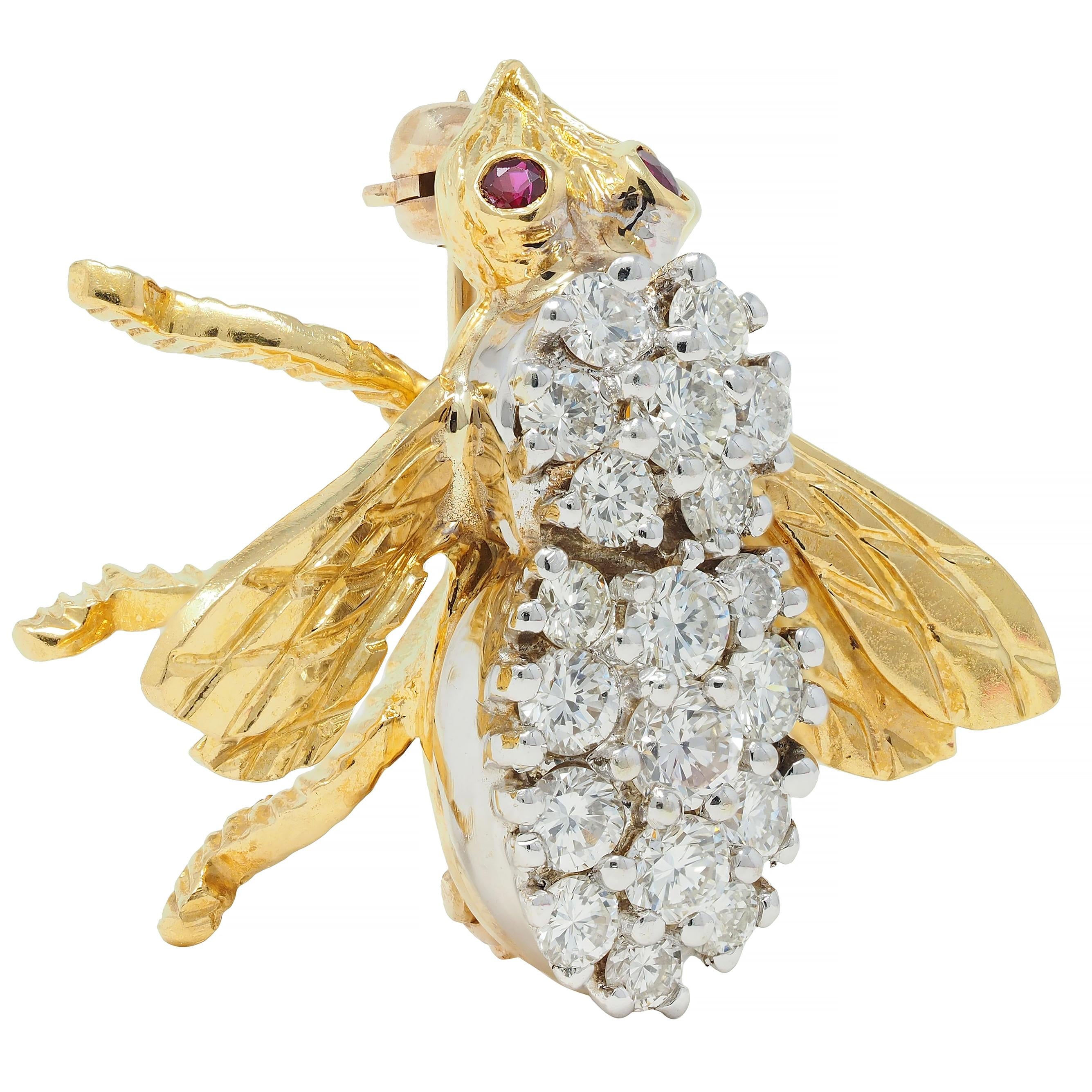 Rosenthal 1960's 1.28 CTW Diamond Ruby 18 Karat Two-Tone Gold Vintage Bee Brooch