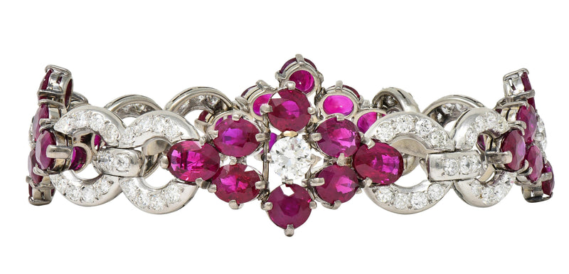 Mid-Century 27.62 CTW Ruby Diamond Platinum Cluster Vintage Line Bracelet