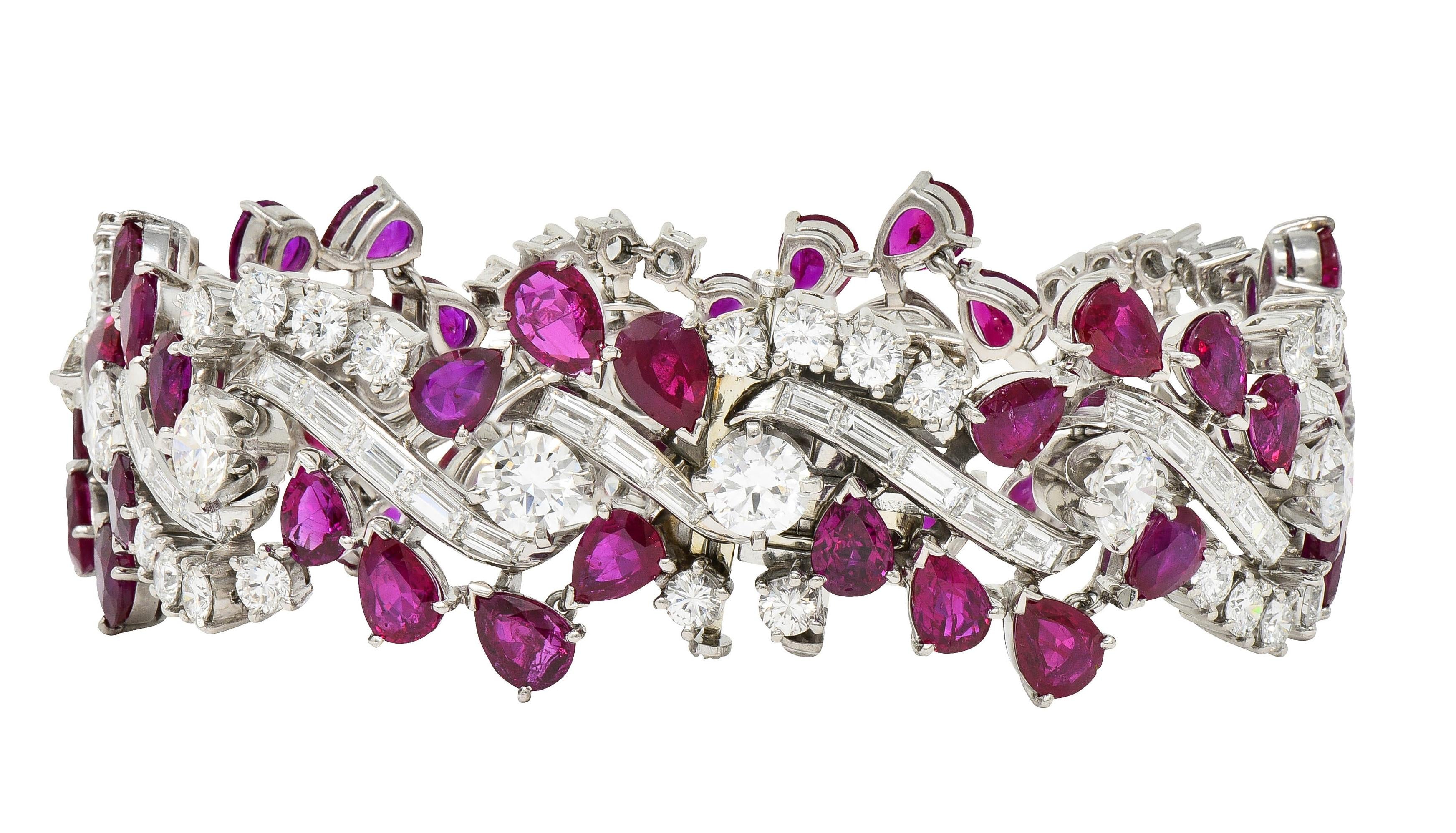 Mid-Century No Heat Burma Ruby Diamond Platinum Vintage Twist Line Bracelet