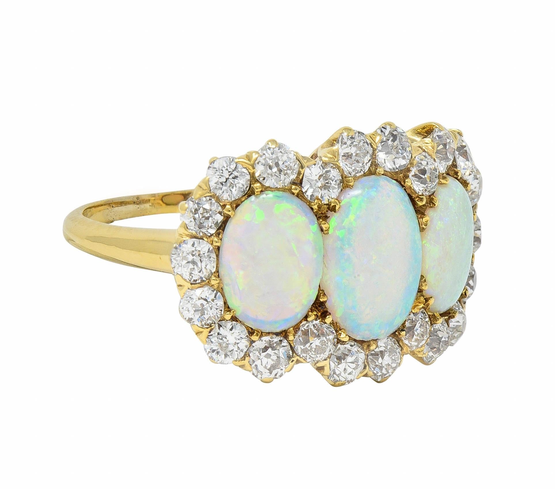 Late Victorian Opal 1.76 CTW Diamond 18 Karat Yellow Gold Antique Halo Ring