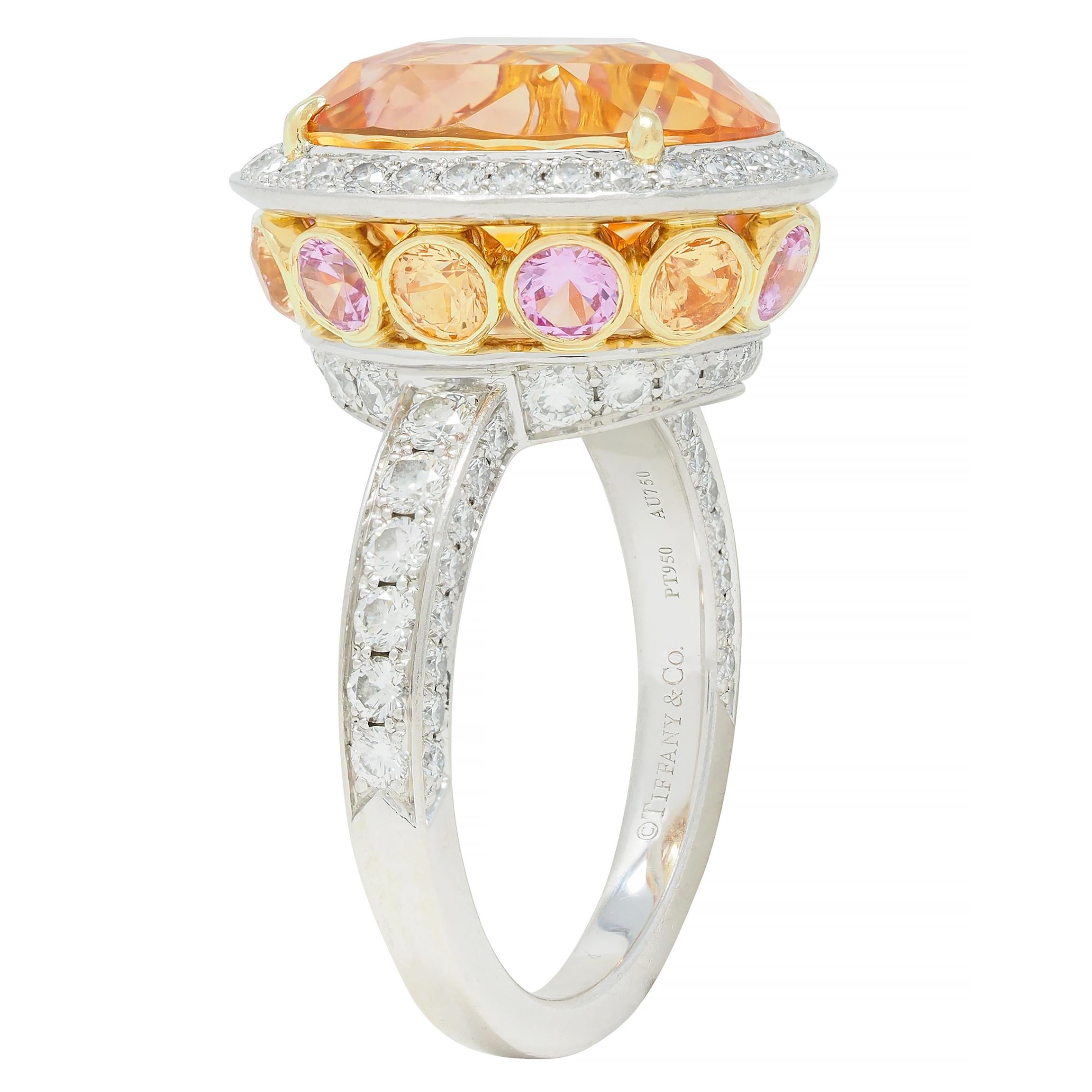 Tiffany & Co. 14.02 CTW No Heat Ceylon Golden & Pink Sapphire Diamond Halo Ring