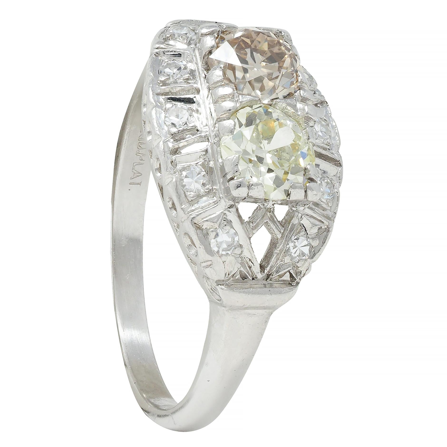 Mid-Century 1.07 CTW Diamond Platinum Toi-Et-Moi Marquise Vintage Ring