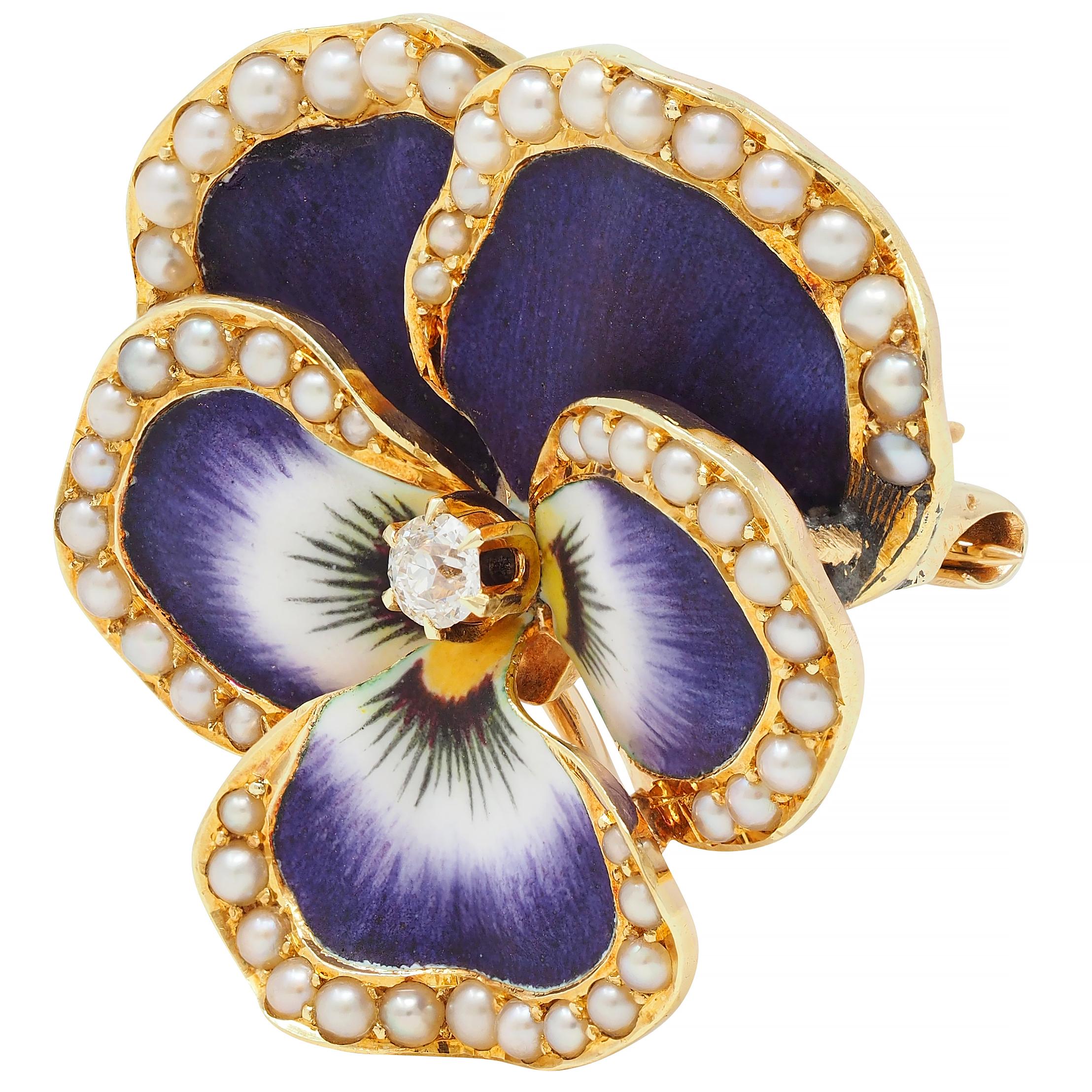 Krementz Diamond Enamel 18 Karat Gold Pansy Flower Antique Pendant Brooch