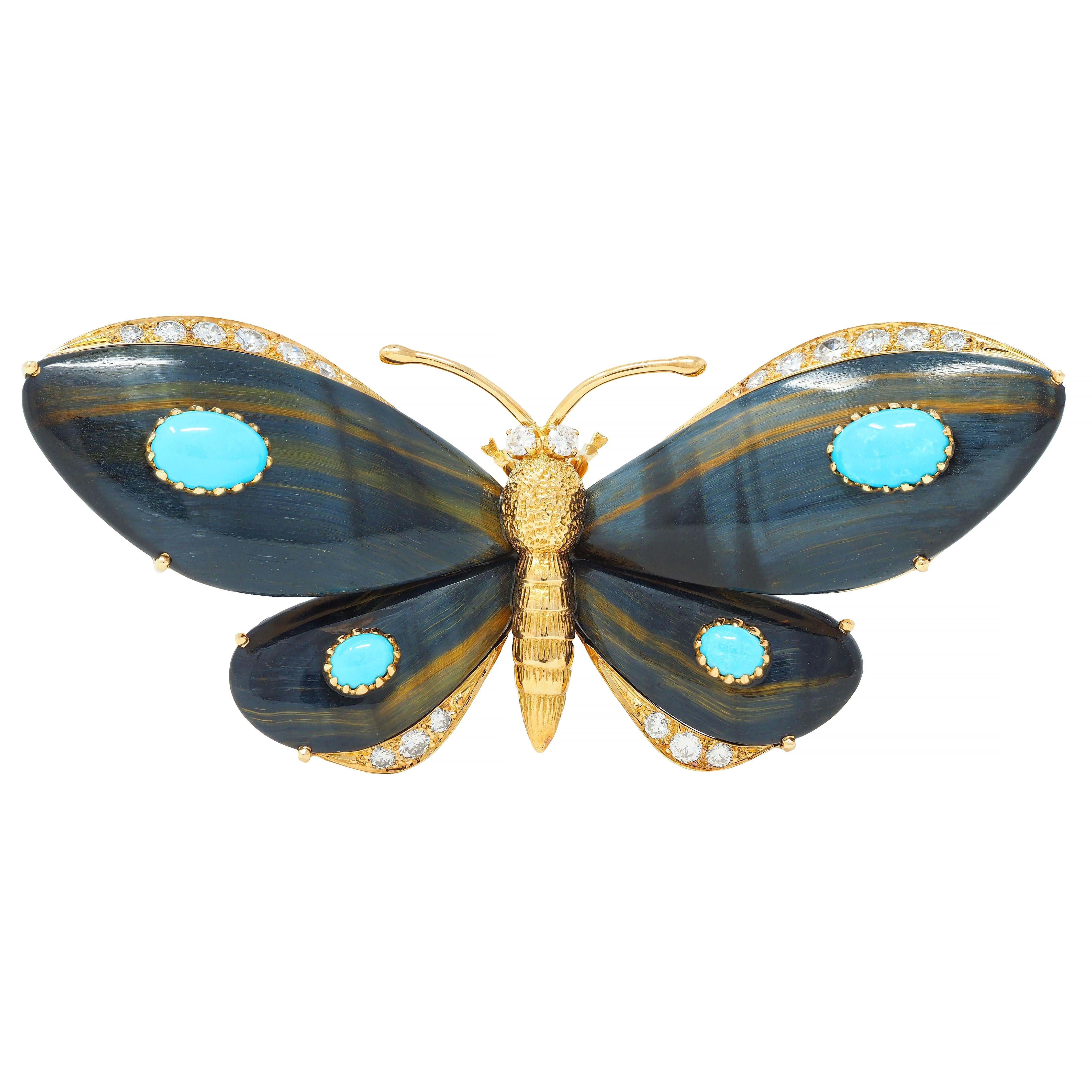 Wolfers French Diamond Turquoise Tiger's Eye 18K Gold Vintage Butterfly Brooch