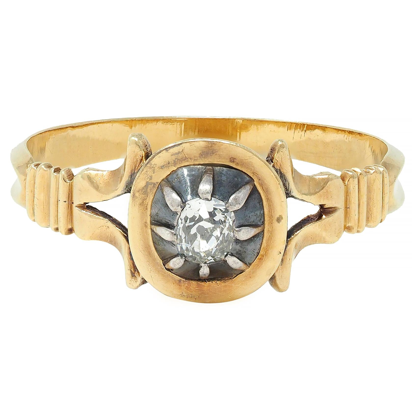 Georgian Old Mine Cut Diamond 18 Karat Gold Silver Antique Engagement Ring