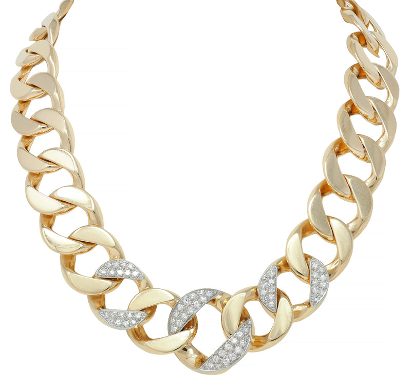 1960's 3.20 CTW Diamond Platinum 14K Yellow Gold Vintage Curb Link Necklace