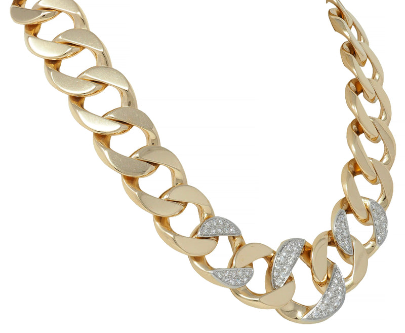 1960's 3.20 CTW Diamond Platinum 14K Yellow Gold Vintage Curb Link Necklace