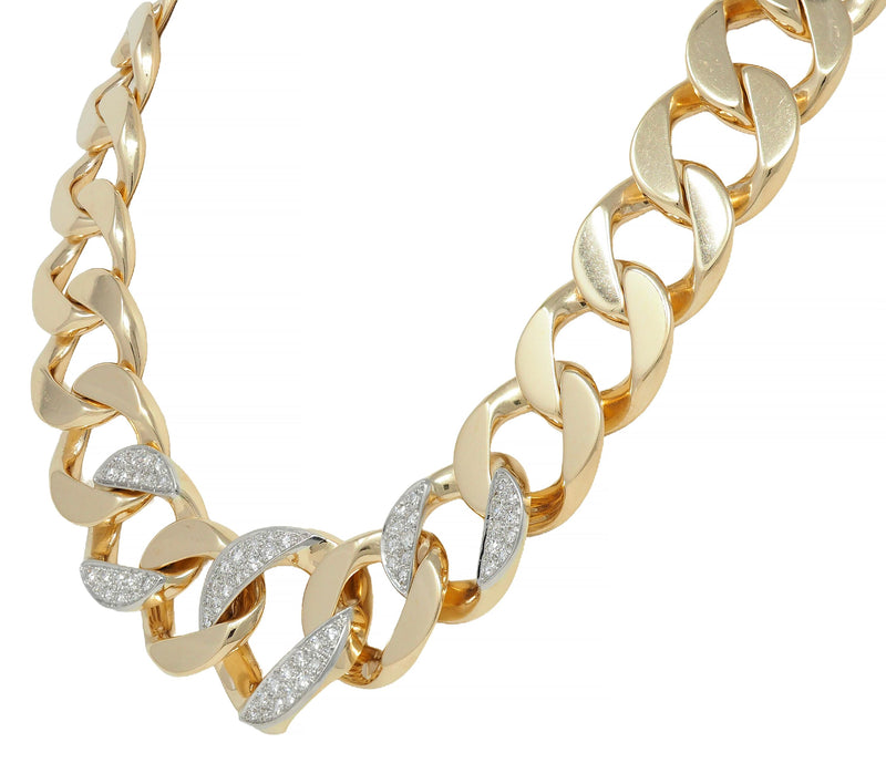 1960's 3.20 CTW Diamond Platinum 14K Yellow Gold Vintage Curb Link Necklace