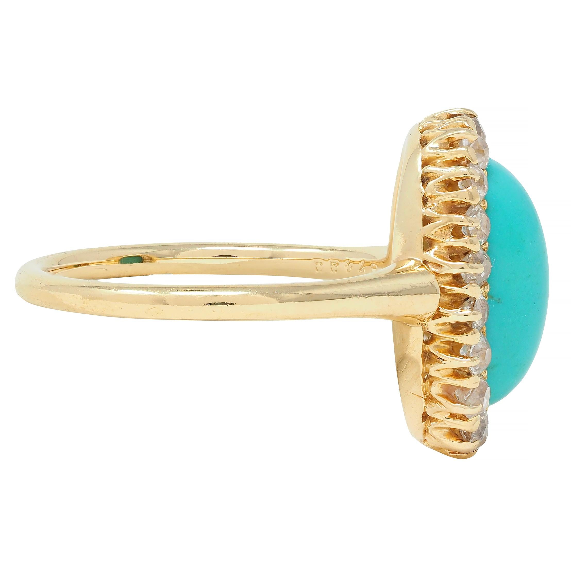 Victorian 0.72 CTW Diamond Turquoise 18 Karat Yellow Gold Antique Halo Ring