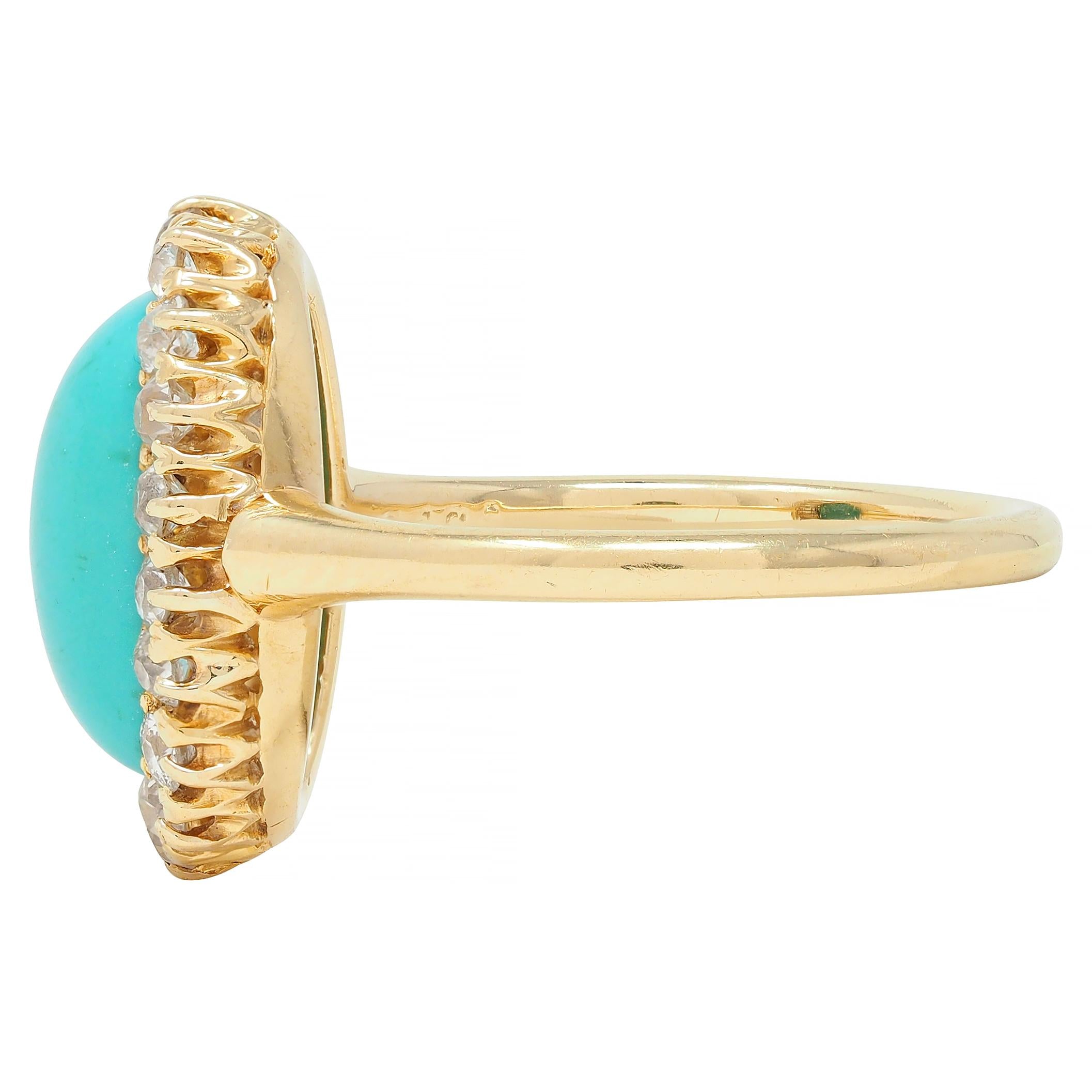 Victorian 0.72 CTW Diamond Turquoise 18 Karat Yellow Gold Antique Halo Ring