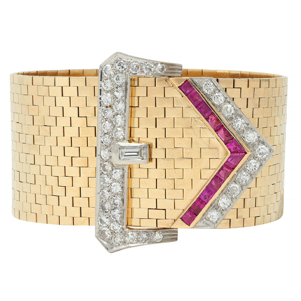 1940's Retro Wide Ruby Diamond 14 Karat Gold Jarretière Buckle Link Bracelet