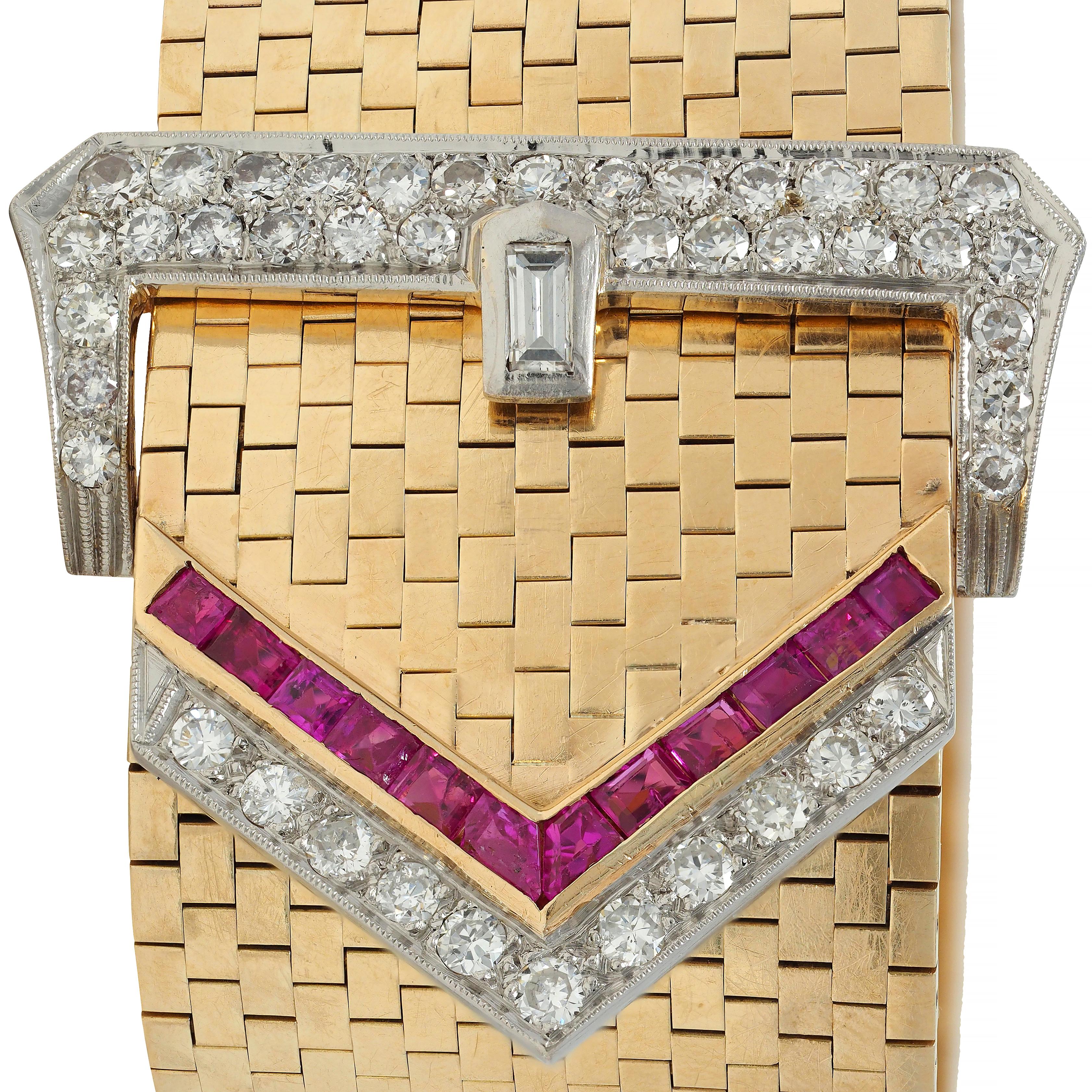 1940's Retro Wide Ruby Diamond 14 Karat Gold Jarretière Buckle Link Bracelet