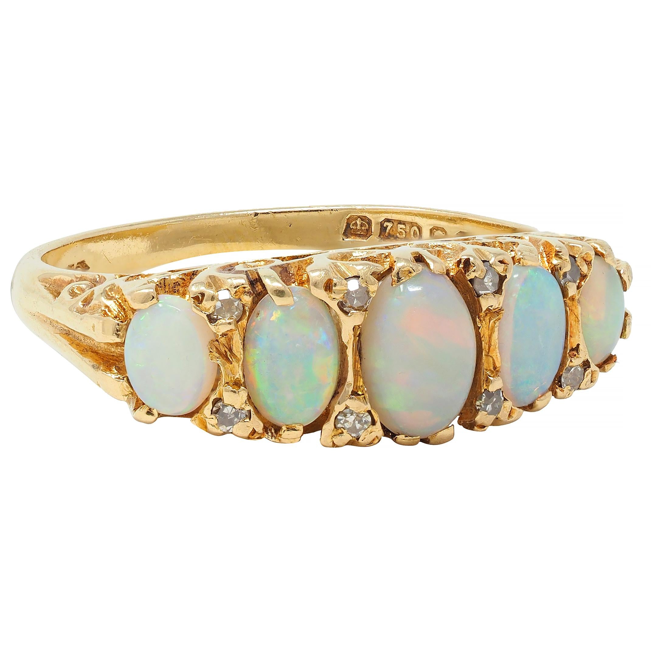 Art Nouveau Opal Diamond 18 Karat Yellow Gold Scrolling Antique Band Ring