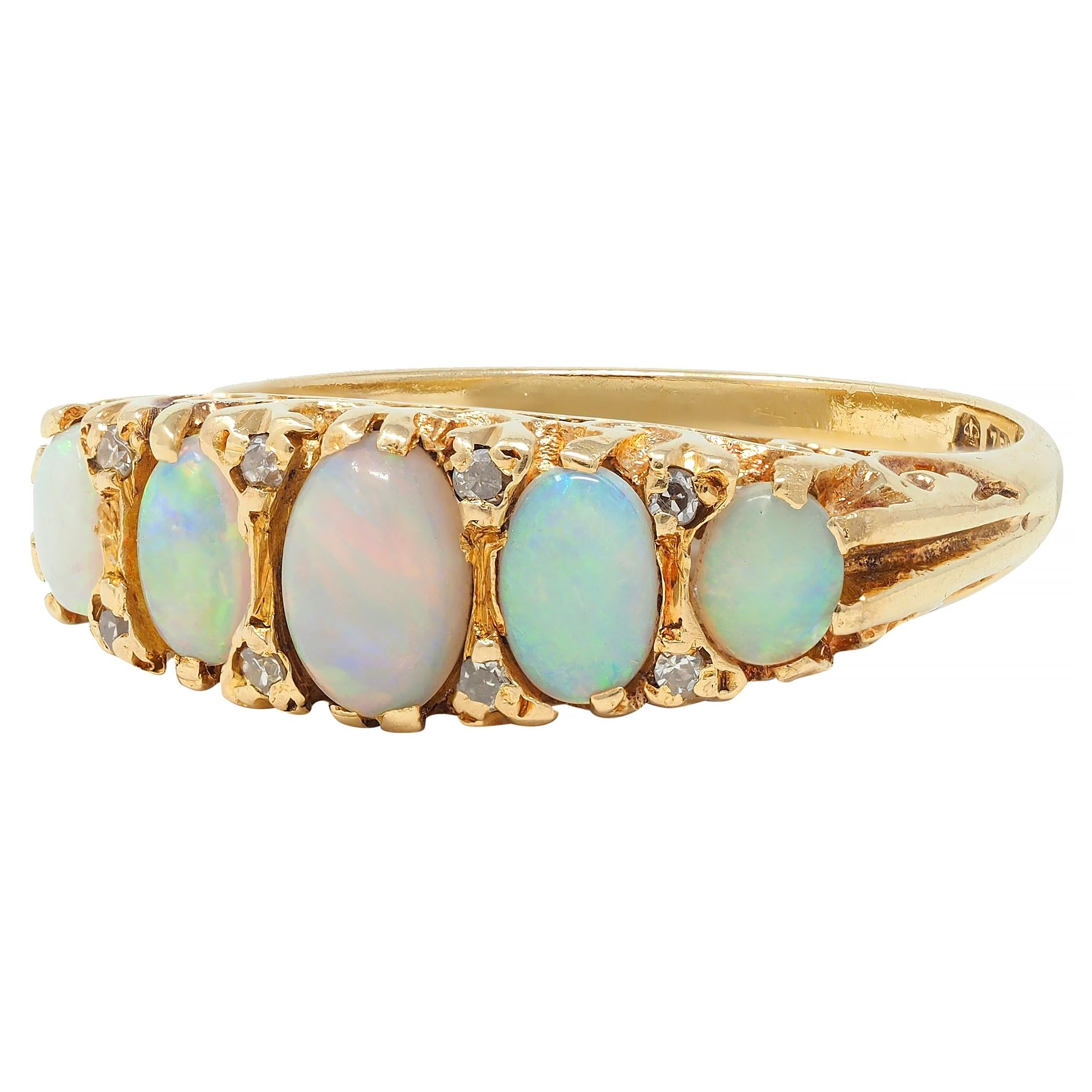 Art Nouveau Opal Diamond 18 Karat Yellow Gold Scrolling Antique Band Ring