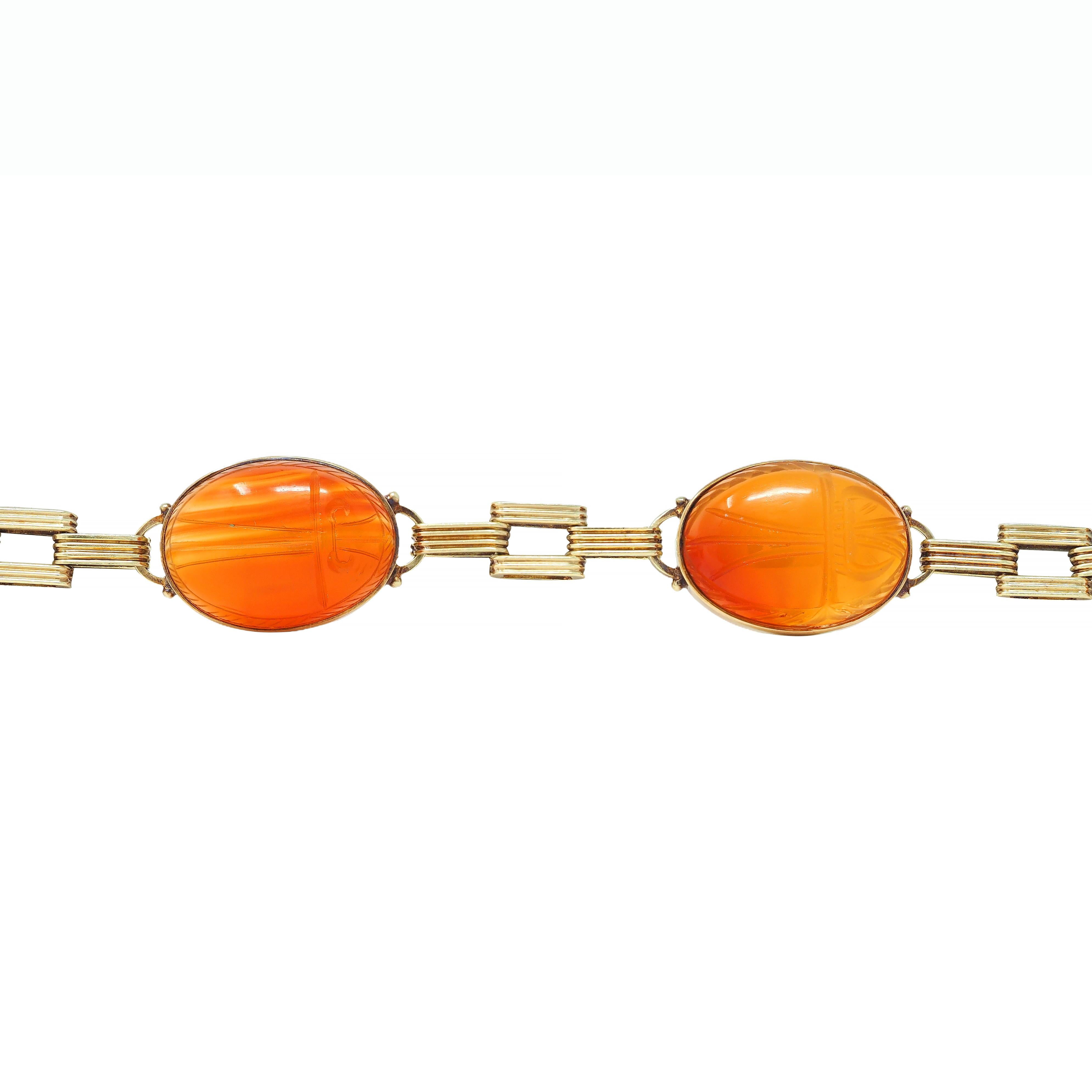 Victorian Egyptian Revival Carnelian 14K Gold Antique Scarab Link Bracelet