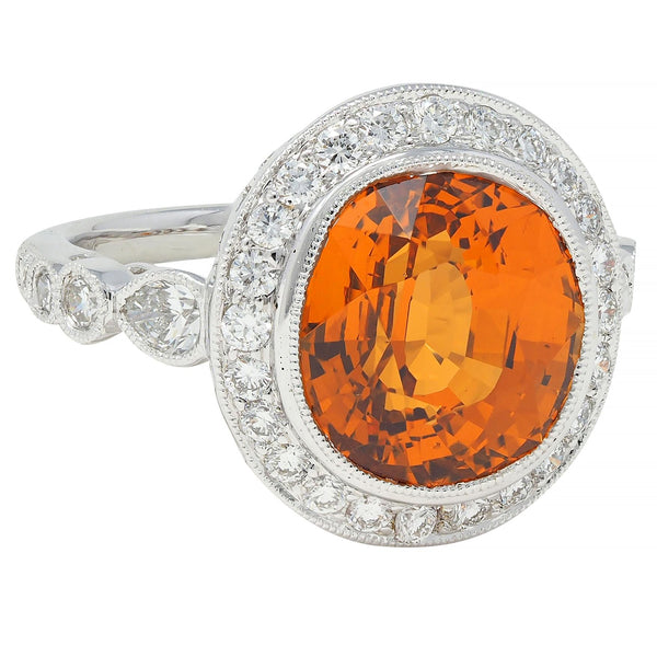 Spark 12.59 CTW Orange Sapphire Diamond 18K White Gold Contemporary Halo Ring