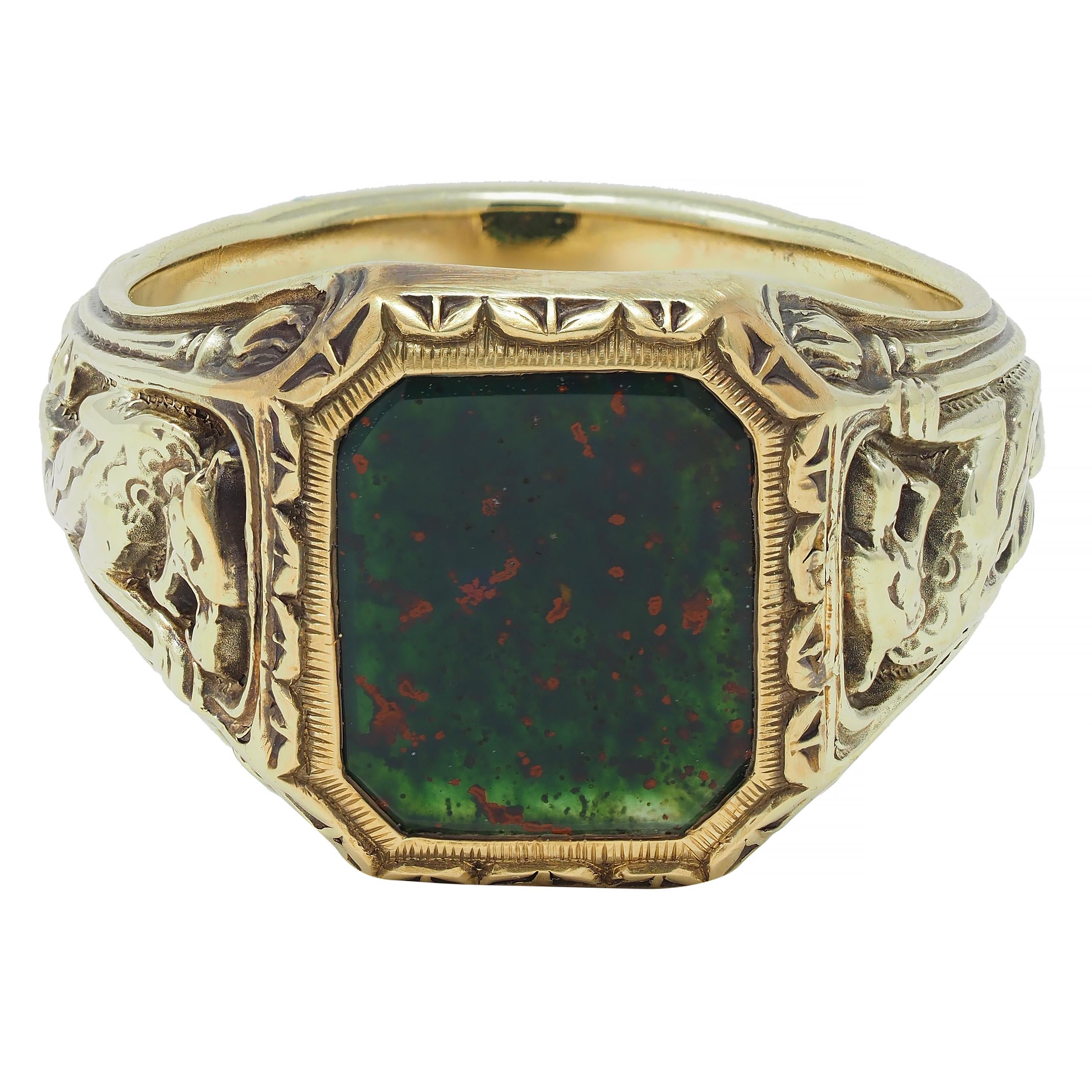 Jones & Woodland Art Nouveau Bloodstone 14K Gold Antique Basilisk Signet Ring