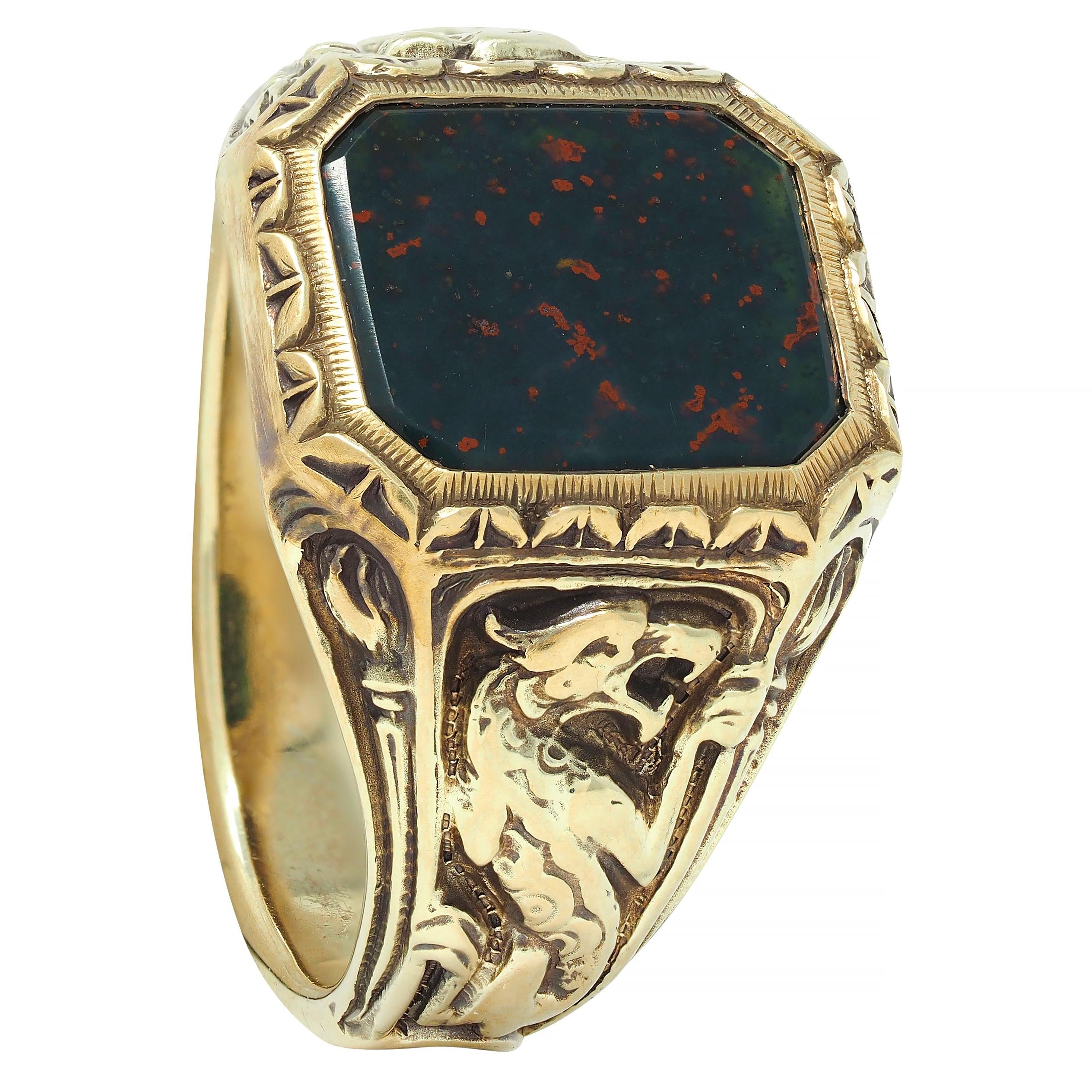 Jones & Woodland Art Nouveau Bloodstone 14K Gold Antique Basilisk Signet Ring