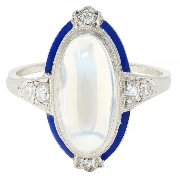 Art Deco Moonstone Diamond Enamel 18 Karat White Gold Antique Dinner Ring