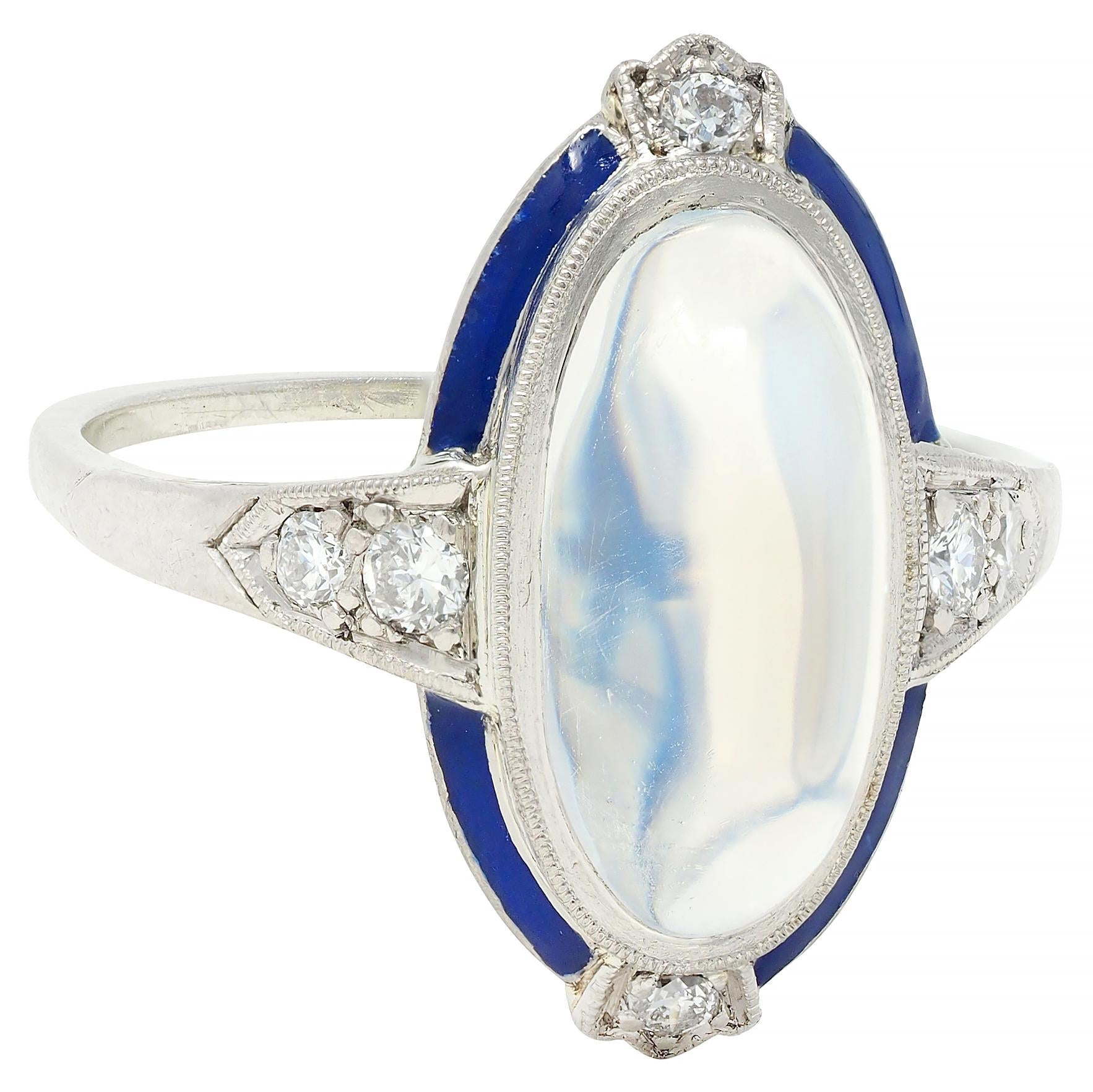 Art Deco Moonstone Diamond Enamel 18 Karat White Gold Antique Dinner Ring