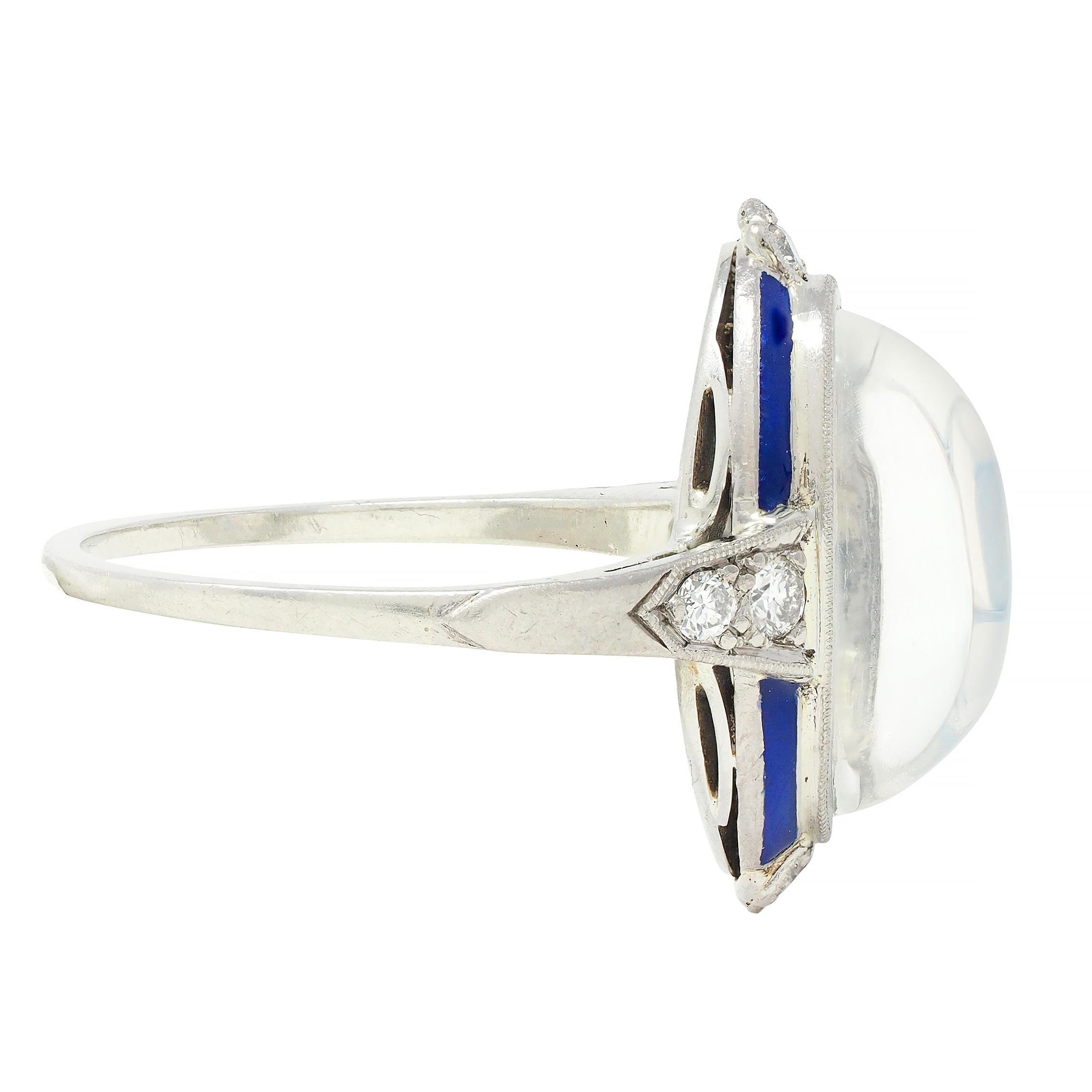 Art Deco Moonstone Diamond Enamel 18 Karat White Gold Antique Dinner Ring