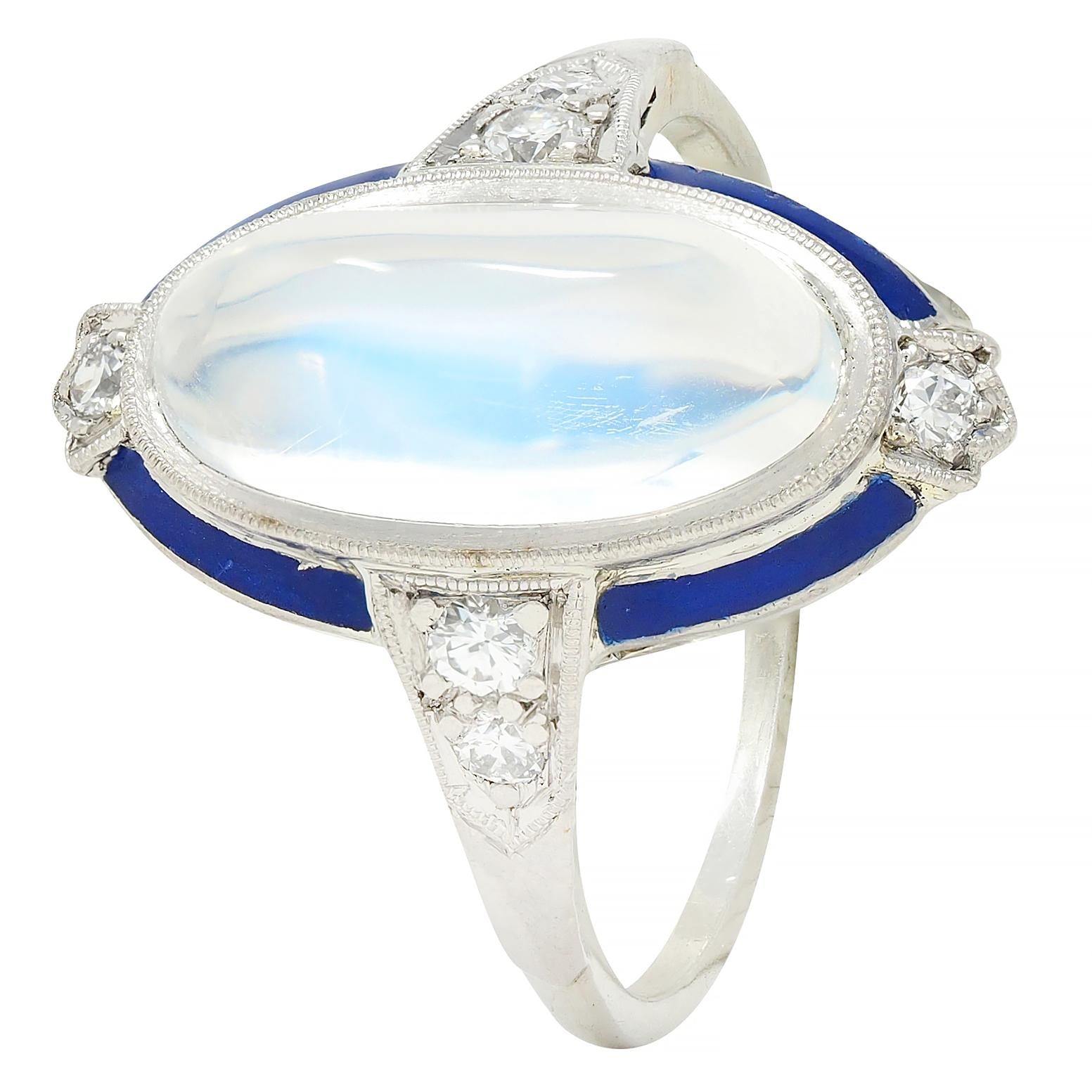 Art Deco Moonstone Diamond Enamel 18 Karat White Gold Antique Dinner Ring