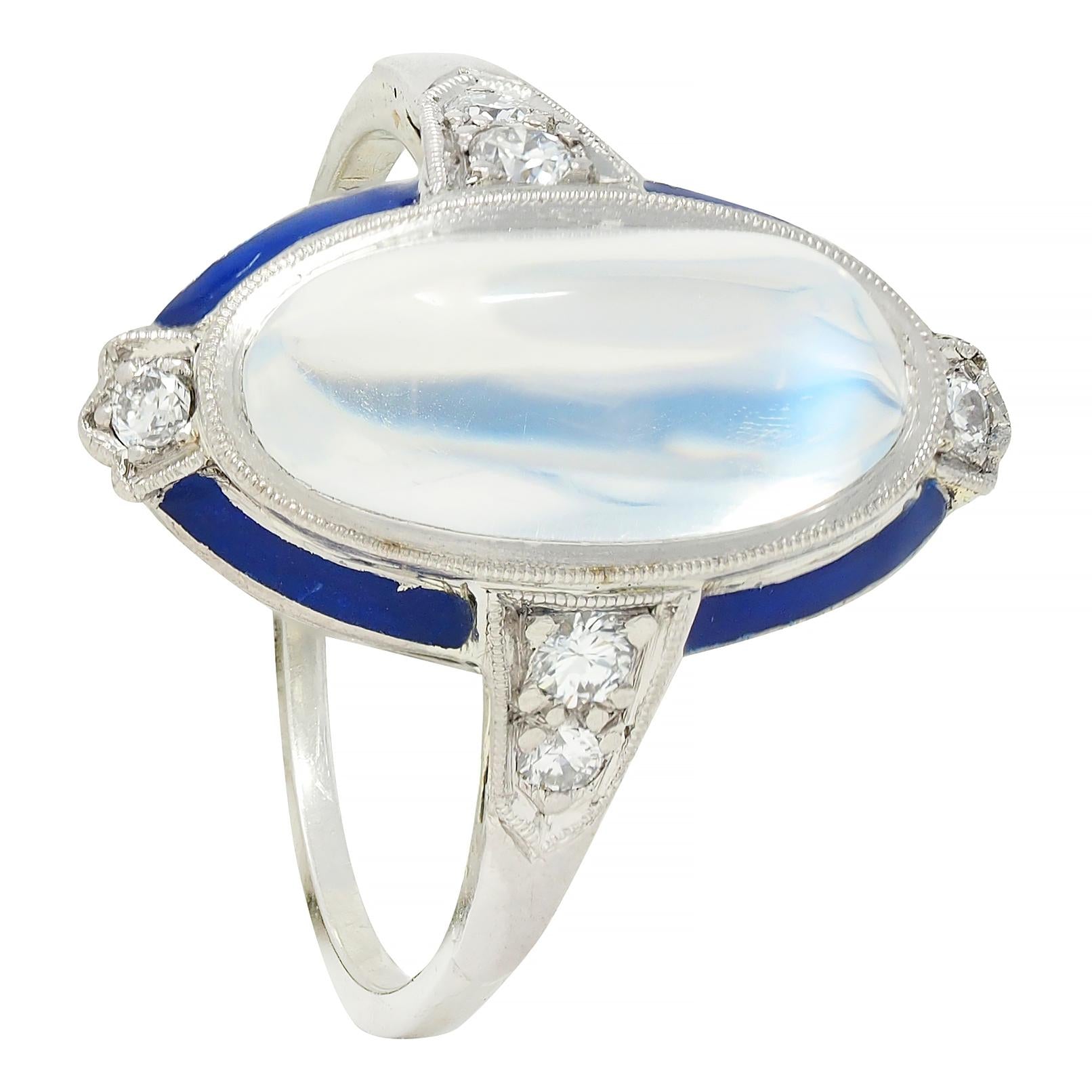 Art Deco Moonstone Diamond Enamel 18 Karat White Gold Antique Dinner Ring