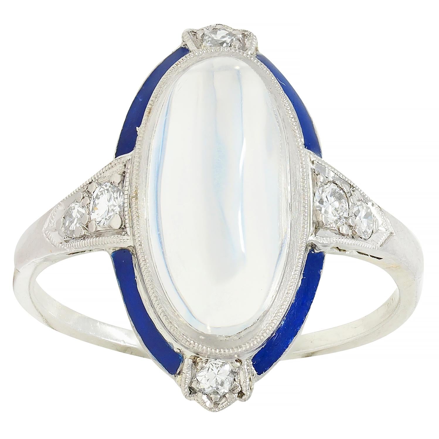 Art Deco Moonstone Diamond Enamel 18 Karat White Gold Antique Dinner Ring