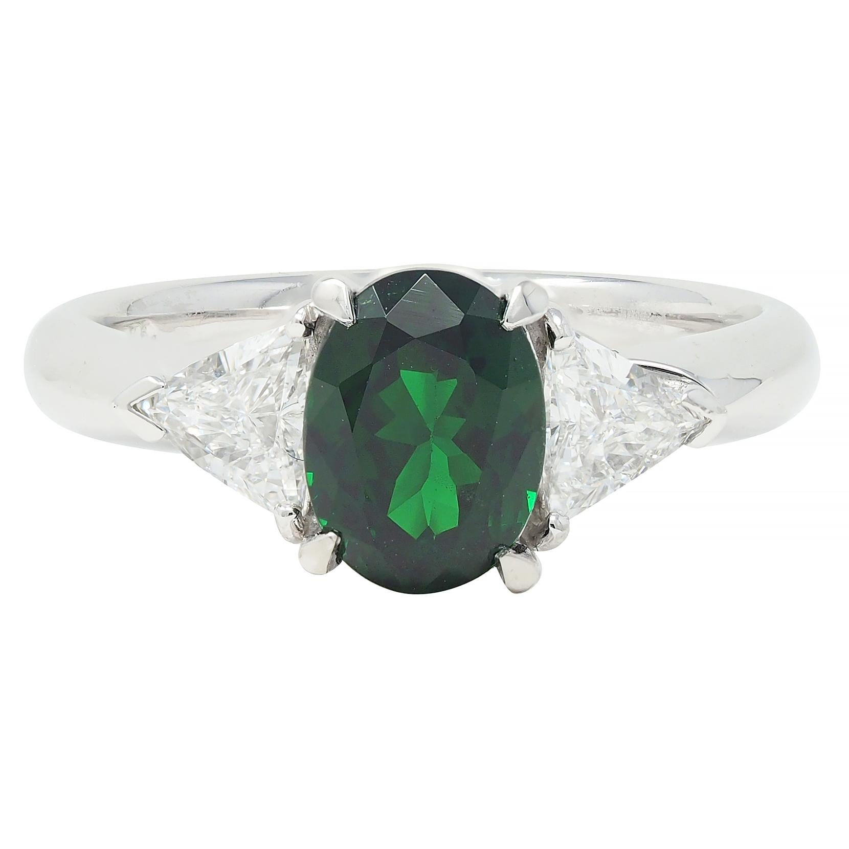 Contemporary 2.19 CTW Tsavorite Garnet Diamond Platinum Three Stone Ring