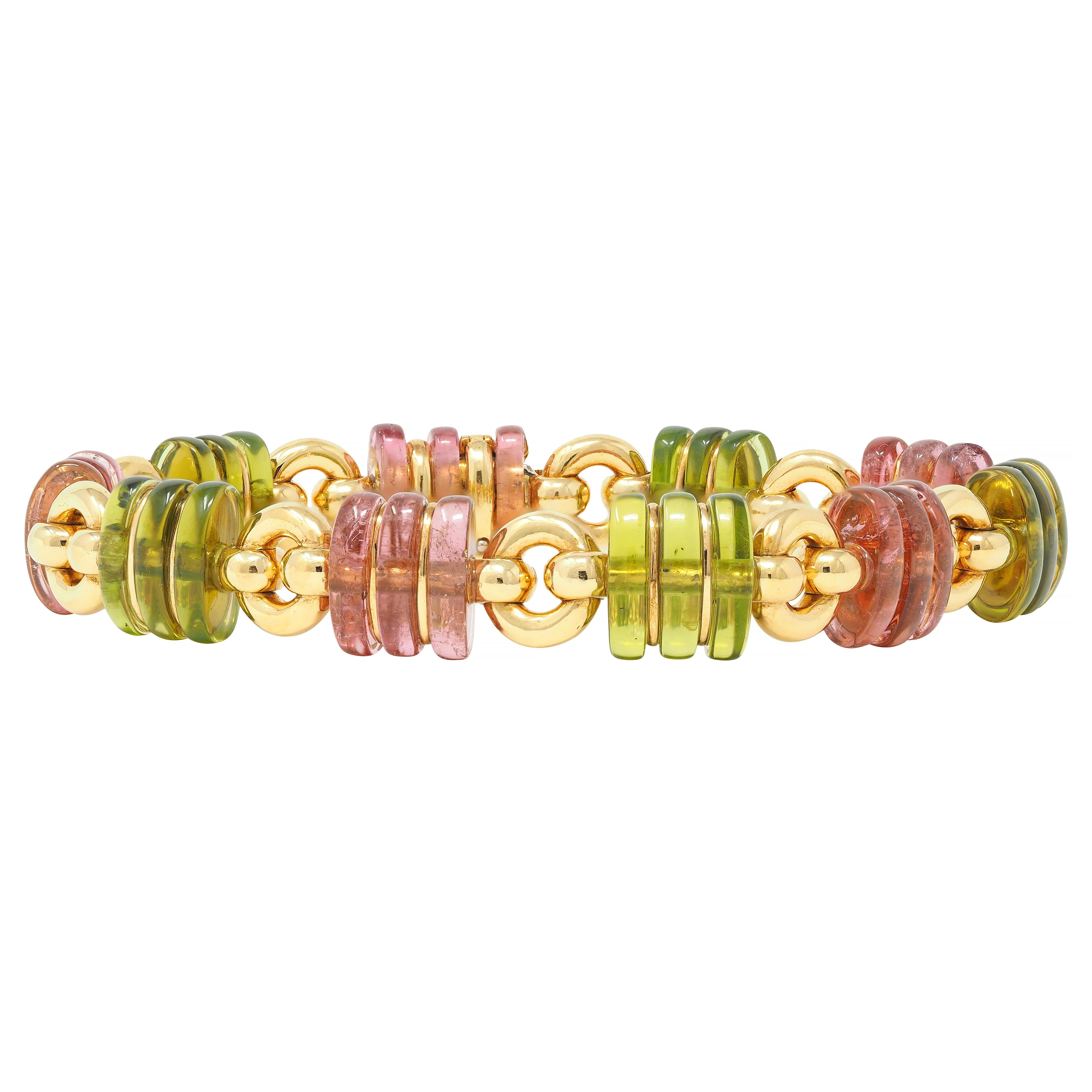 Bulgari 1990s Tourmaline 18 Karat Yellow Gold Vintage Link Bracelet