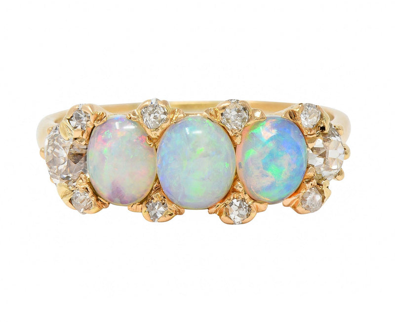 Victorian Opal Diamond 14 Karat Yellow Gold Antique Band Ring