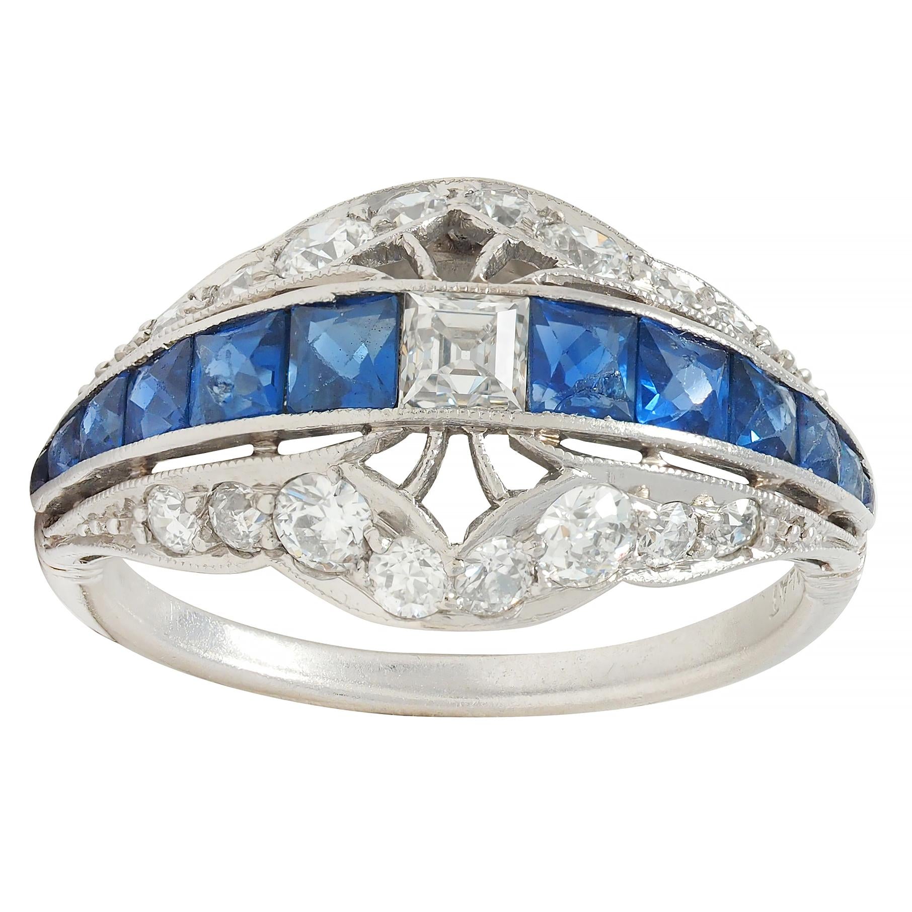 Durand & Co Art Deco 2.29 CTW Sapphire Diamond Platinum Vintage Bombé Band Ring