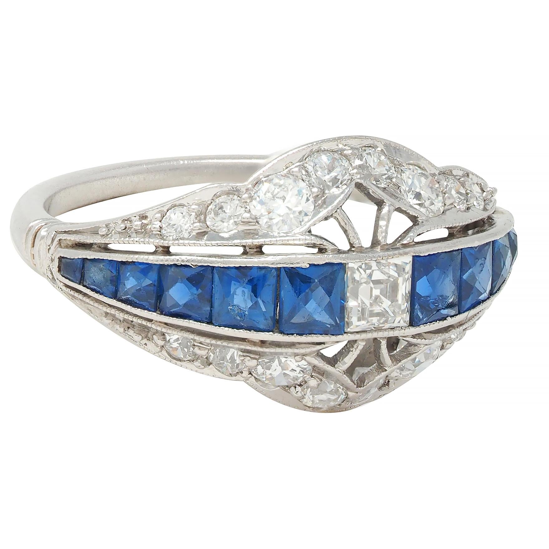 Durand & Co Art Deco 2.29 CTW Sapphire Diamond Platinum Vintage Bombé Band Ring