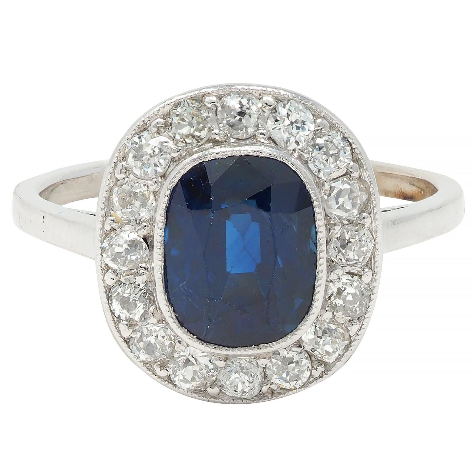 Art Deco 2.85 CTW No Heat Sapphire Diamond Platinum Antique Scroll Halo Ring GIA