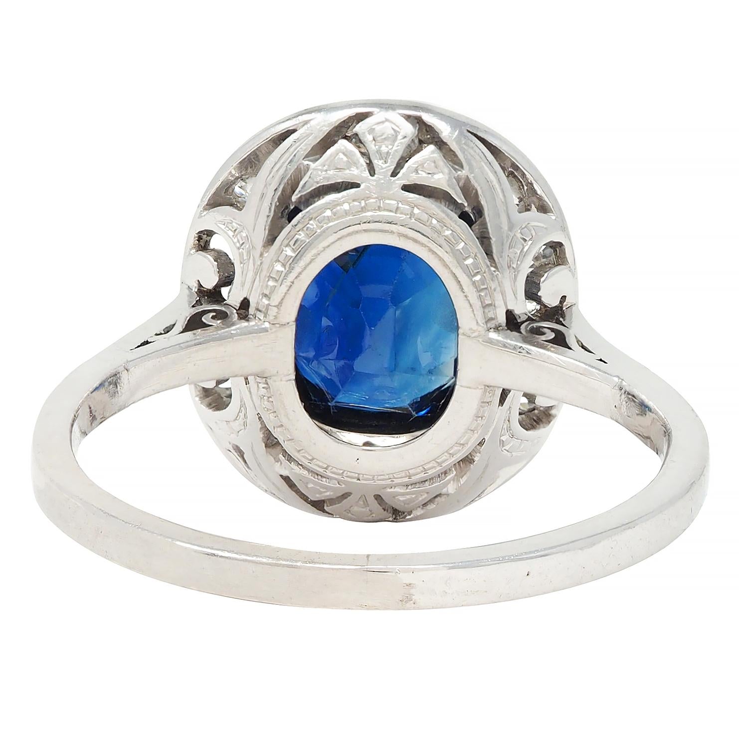 Art Deco 2.85 CTW No Heat Sapphire Diamond Platinum Antique Scroll Halo Ring GIA