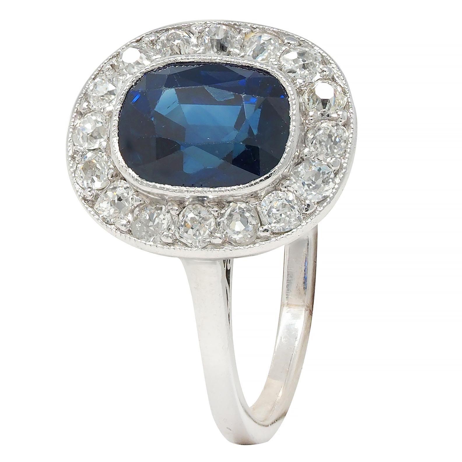 Art Deco 2.85 CTW No Heat Sapphire Diamond Platinum Antique Scroll Halo Ring GIA