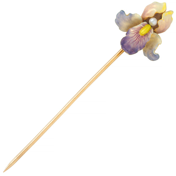 Art Nouveau Enamel Pearl 14 Karat Gold Antique Iris Flower Whiteside Stickpin