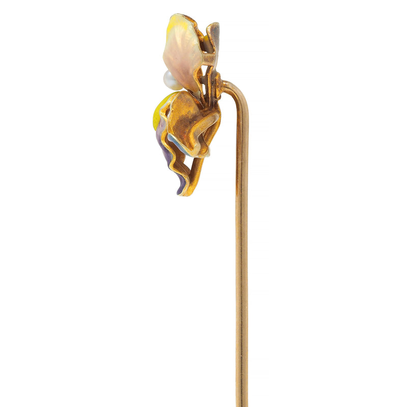 Art Nouveau Enamel Pearl 14 Karat Gold Antique Iris Flower Whiteside Stickpin