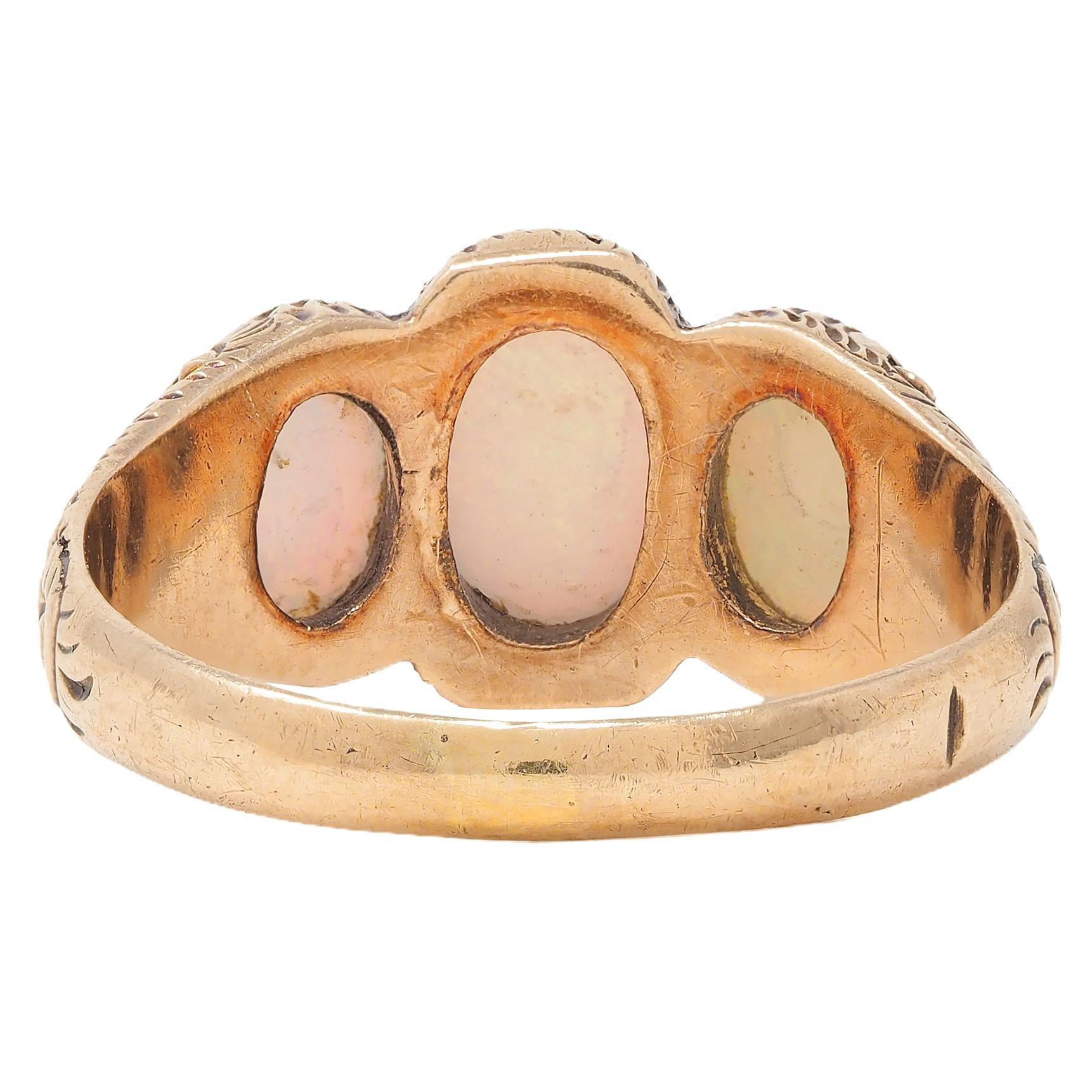 Victorian Opal Cabochon 14 Karat Rose Gold Antique Three Stone Floral Band Ring