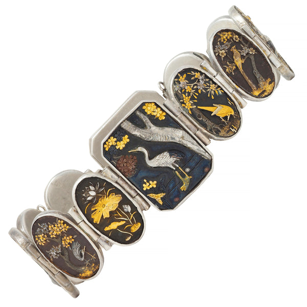 Victorian Japanese Shakudo Sterling Silver Gold Antique Panel Link Bracelet