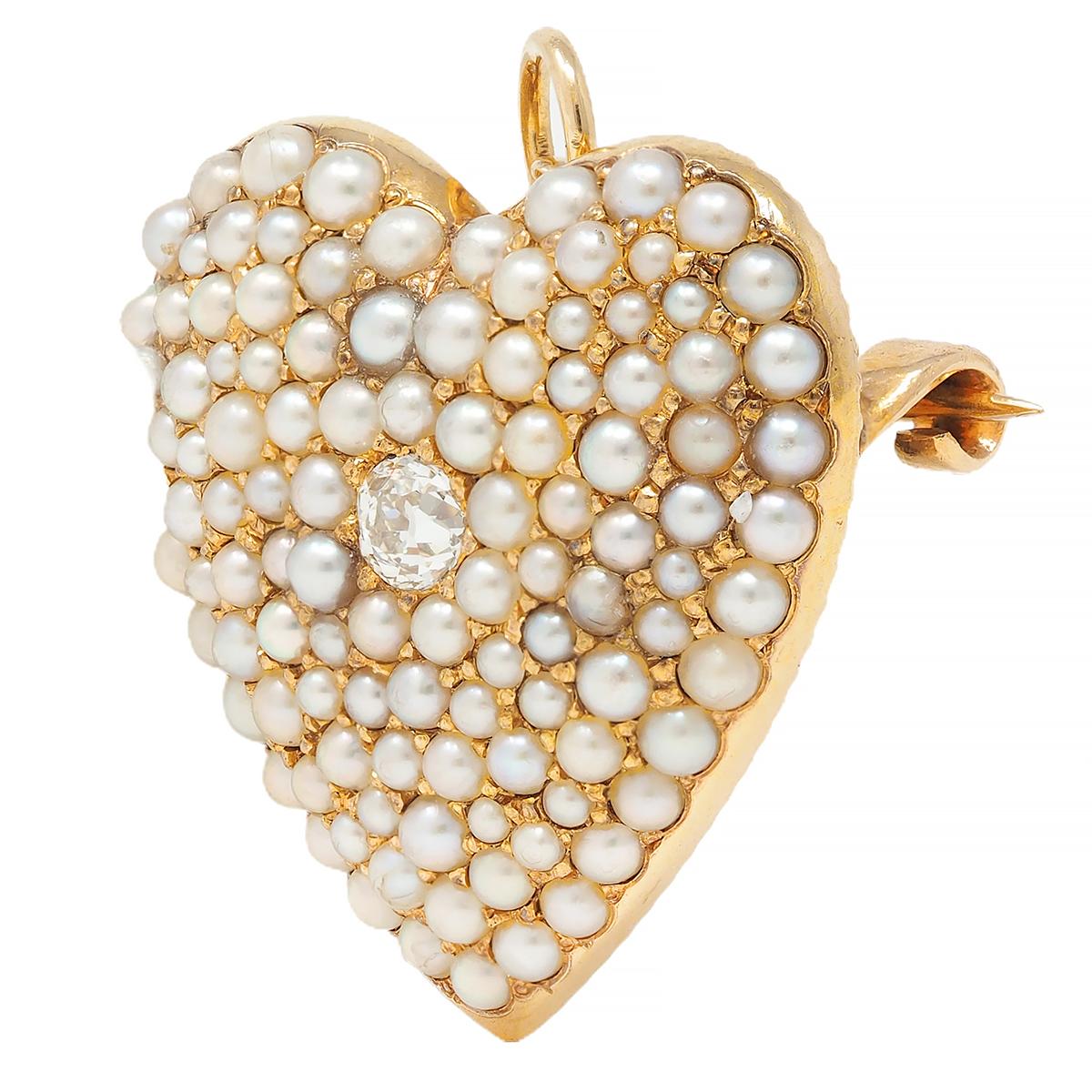 Victorian Diamond Pearl 14 Karat Yellow Gold Antique Heart Pendant Brooch