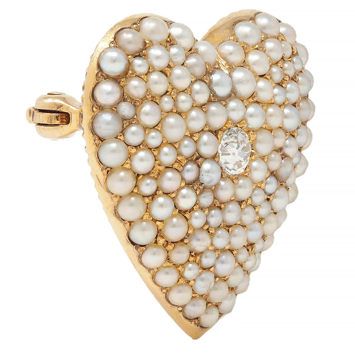 Victorian Diamond Pearl 14 Karat Yellow Gold Antique Heart Pendant Brooch