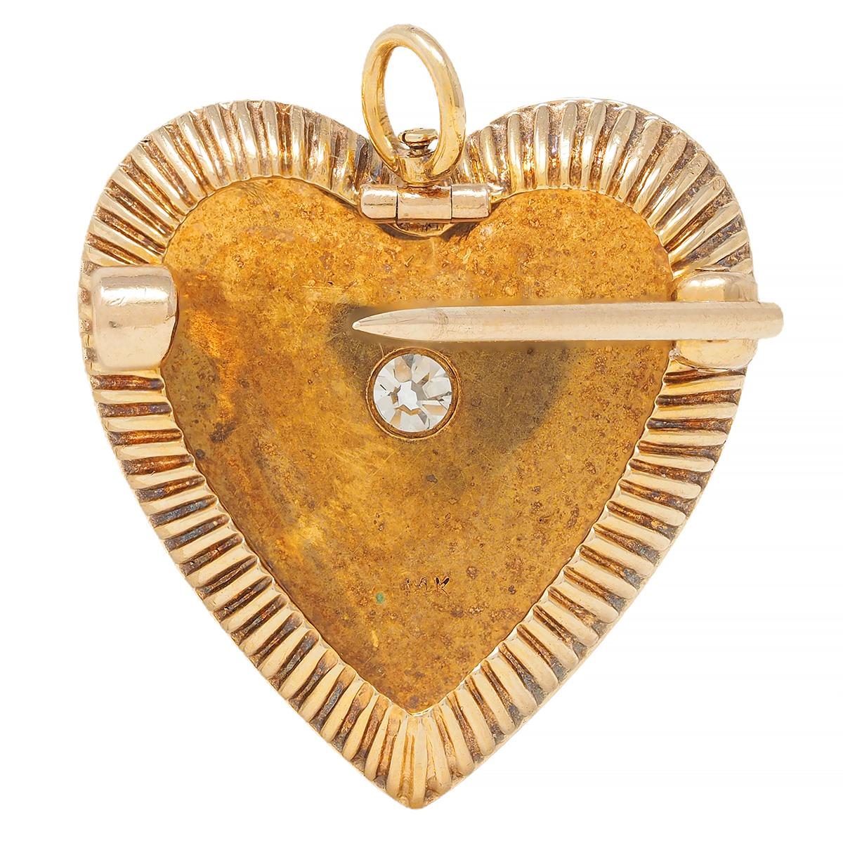 Victorian Diamond Pearl 14 Karat Yellow Gold Antique Heart Pendant Brooch