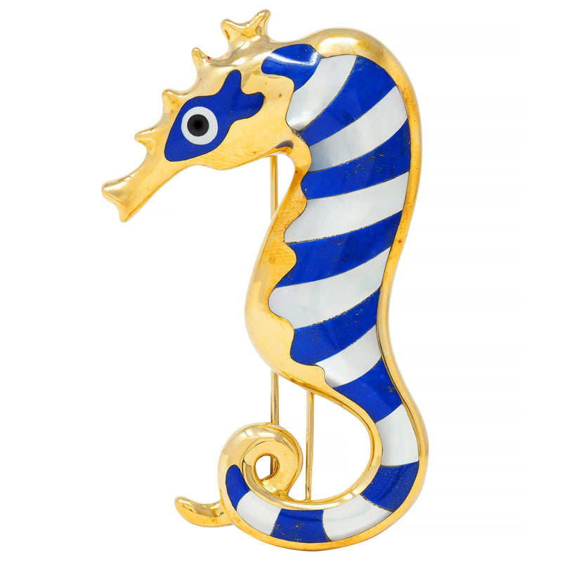 Tiffany & Co. 1970's Lapis Lazuli Mother-Of-Pearl Onyx 18K Gold Seahorse Brooch