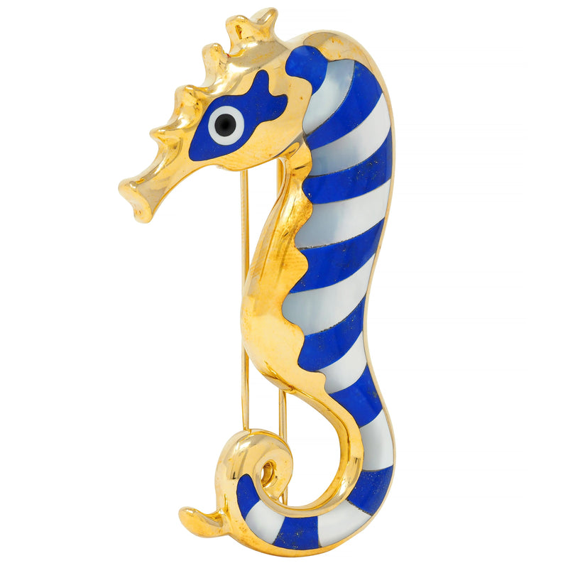 Tiffany & Co. 1970's Lapis Lazuli Mother-Of-Pearl Onyx 18K Gold Seahorse Brooch